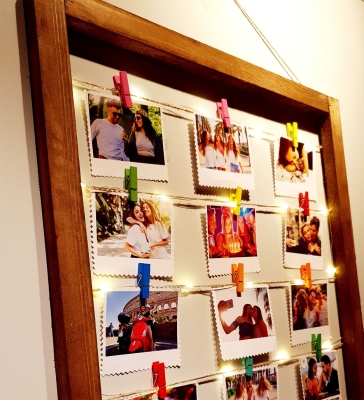 Kişiye Özel 12 Fotoğraflı Led Işıklı İpli Ahşap Fotoğraf Panosu