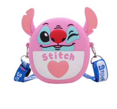 Stitch Mini Popitli Silikon Çanta Kalpli Pembe