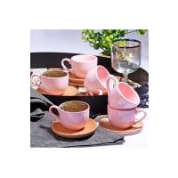 6lı Seramik Bambu Tabaklı Kahve Fincan Seti Pembe