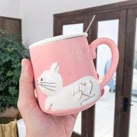 Kaşıklı Kapaklı Kedi Tasarım Kupa Bardak Pembe