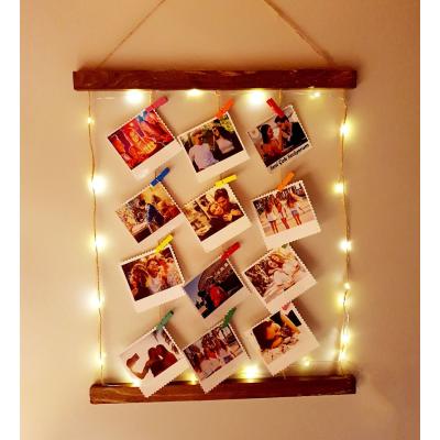 Kişiye Özel 12 Fotoğraflı Işıklı İpli Dekoratif Ahşap Fotoğraf Panosu