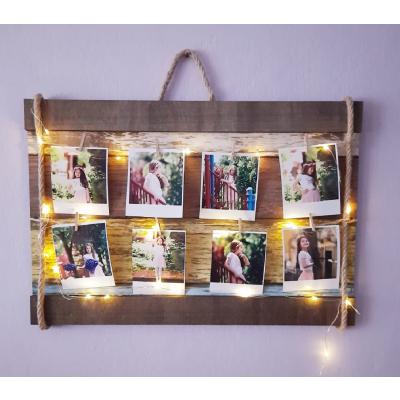 Kişiye Özel Işıklı İpli Mandallı 8 Fotoğraflı Ahşap Fotoğraf Panosu