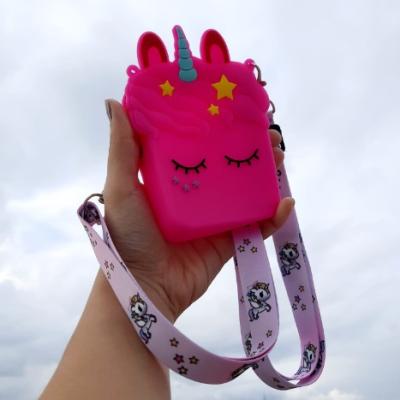 Unicorn Tasarım Silikon Omuz Askılı Çanta Koyu Pembe