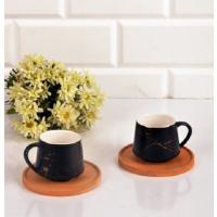 Paçi Bambulu 2'li Siyah Mermer Desenli Kahve Fincanı Seti 1