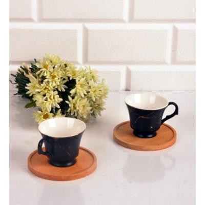 Paçi Bambulu 2'li Siyah Mermer Desenli Kahve Fincanı Seti 2