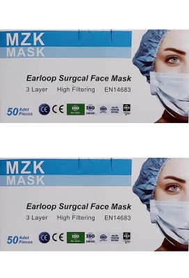 MZK 3 Katlı Ultrasonik Medikal Lastikli Cerrahi Yüz Maskesi Burun Telli 100 Adet