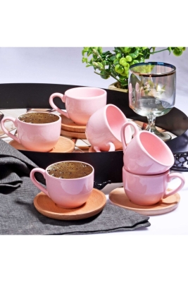 6lı Seramik Bambu Tabaklı Kahve Fincan Seti Pembe
