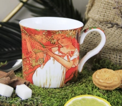 Ancel Porselen Alfons Mucha Çizimli Özel Kutulu New Bone China Kupa