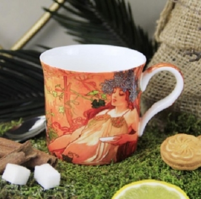 Ancel Porselen Alfons Mucha Güz Çizimli New Bone China Kupa