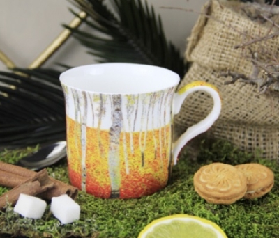 Ancel Porselen Gustav Klimt Forest Of The Beech Trees Çizimli New Bone China Kupa Sarı