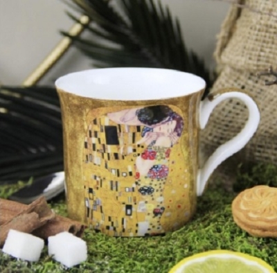 Ancel Porselen Gustav Klimt Öpüş Çizimli New Bone China Kupa Sarı