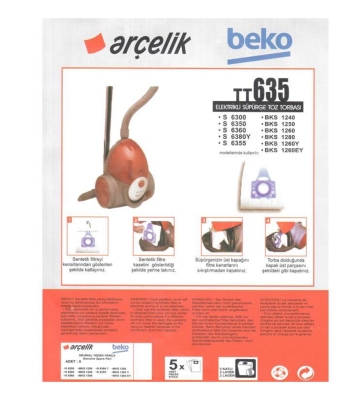 Arçelik Beko TT635 S6300 S6350 S6360 S6355 Orijinal Tip Bez Toz Torbası 20 Adet