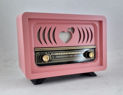 Bluetoothlu USB Aux Girişli Nostaljik Ahşap Radyo Kalpli Aşiyan Modeli Pembe