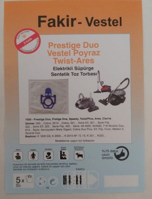 Fakir Prestige Duo, Twist, Ares - Vestel Poyraz Bez Toz Torbası 20 Adet