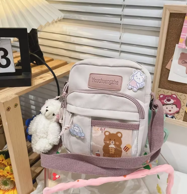 Ayıcık Figürlü Okul Çantası Omuz Çantası Krem Pembe