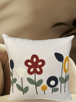 Çiçek Desenli Keten Kumaş Nakışlı 1 Adet Kırlent Kılıfı