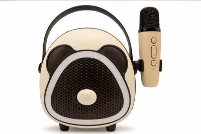 Çocuklara Özel Retro Tasarımlı Bluetooth Karaoke Mikrofon ve Ahşap Tripodlu –Koyu Kahverengi