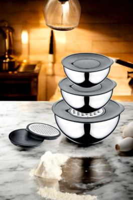 Eda 9 Parça Rendeli Karıştırma ve Saklama Kabı (16-20-24 cm) Paslanmaz Çelik Karıştırma Kasesi