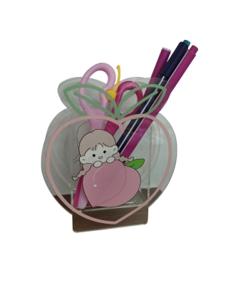 Elma Kız Şeklinde Şeffaf Plastik Masaüstü Kalemlik Kalem Kutusu