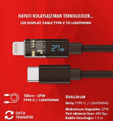 GNP Led Ekran Kablo Type-c To Lighning 1.2 Metre Siyah 27w