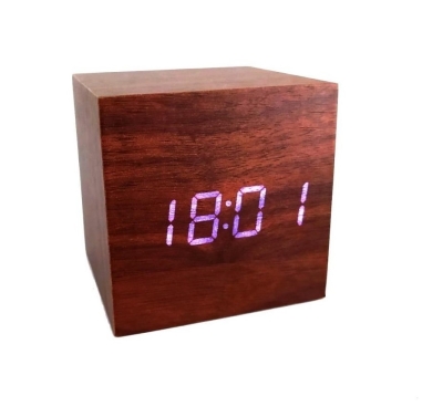 Kahverengi Ahşap Termometreli Dijital Gizli Küp Saat Beyaz Işıklı