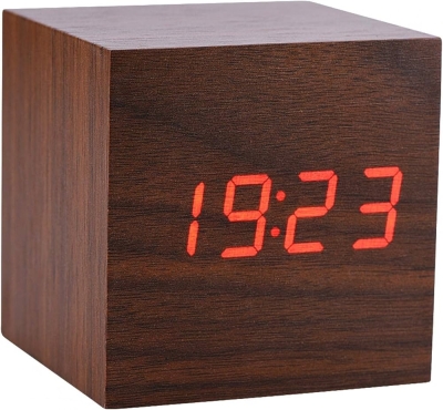 Kahverengi Ahşap Termometreli Dijital Gizli Küp Saat Kırmızı Işıklı