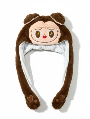 Kahverengi Labubu Figürlü Işıklı Hareketli Peluş Şapka