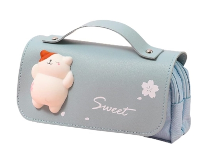 Kawaii Anime Tarzı Çift Katlı Kalemlik Yüksek Kapasite Kalem Kutusu Çanta Mavi