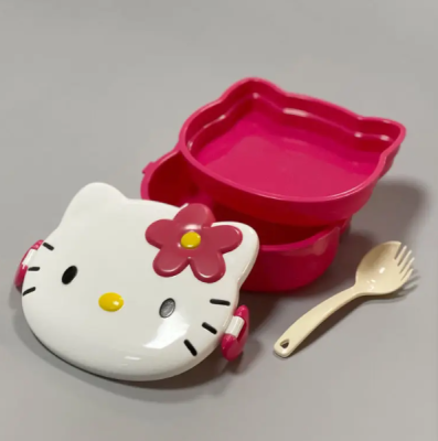 Kawaii Hello Kitty Bölmeli Plastik Kaşıklı Beslenme Yemek Kabı Kırmızı