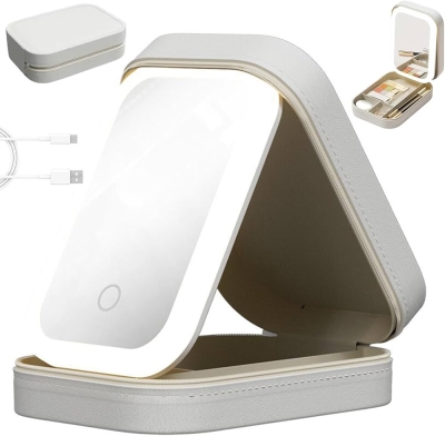 Led Işıklı Aynalı Bölmeli Beyaz Makyaj Çantası