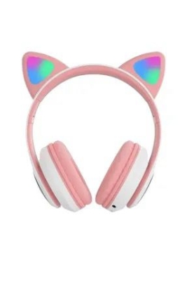 LED Işıklı Kedi Kulaklı Kulak Üstü Katlanabilir Kablosuz Bluetooth Kulaklık Pembe