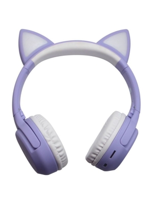LED Işıklı Kedi Kulaklı Kulak Üstü Katlanabilir Kablosuz Bluetooth Kulaklık Mor