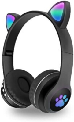 LED Işıklı Kedi Kulaklı Kulak Üstü Katlanabilir Kablosuz Bluetooth Kulaklık Siyah