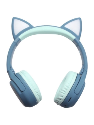 LED Işıklı Kedi Kulaklı Kulak Üstü Katlanabilir Kablosuz Bluetooth Kulaklık Mavi