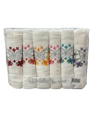 Özdilek Lupine Kelebek Nakışlı Çeyizlik 6 Adet Çantalı El Havlusu Seti