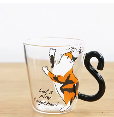 Özel Tasarım Sarı Kedi Kuyruklu Cam Kupa Lets Play Togetgher