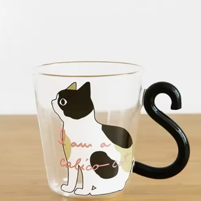 Özel Tasarım Siyah Beyaz Kedi Kuyruklu Cam Kupa