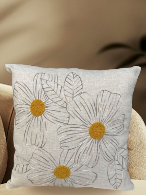 Papatya Desenli Keten Kumaş Nakışlı 1 Adet Kırlent Kılıfı