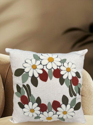 Papatya Taç Desenli Keten Kumaş Nakışlı 1 Adet Kırlent Kılıfı