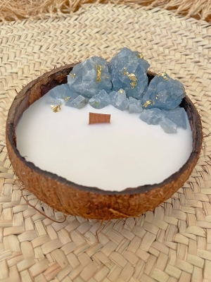Peru Cat Handmade Doğal Hindistan Cevizi Kabuğunda %100 Organik Soya Mumu Mavi Kalsit Taşı PCH-COCONUT-41