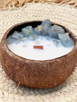 Peru Cat Handmade Doğal Hindistan Cevizi Kabuğunda %100 Organik Soya Mumu Mavi Kalsit Taşı PCH-COCONUT-42