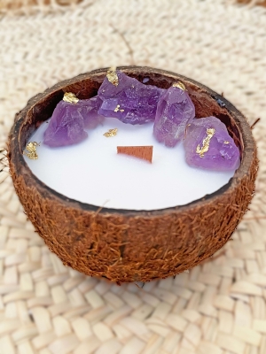 Peru Cat Handmade Doğal Hindistan Cevizi Kabuğunda %100 Organik Soya Mumu Ametist Taşı PCH-COCONUT-55
