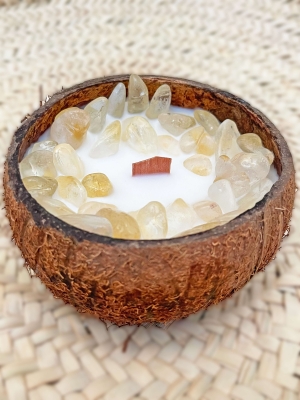 Peru Cat Handmade Doğal Hindistan Cevizi Kabuğunda %100 Organik Soya Mumu Sitrin Taşı PCH-COCONUT-56