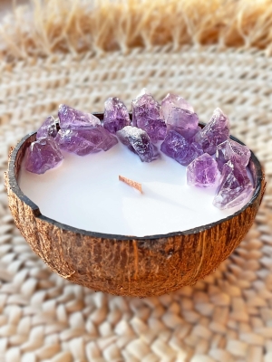 Peru Cat Handmade Doğal Hindistan Cevizi Kabuğunda %100 Organik Soya Mumu Ametist Taşı PCH-COCONUT-58