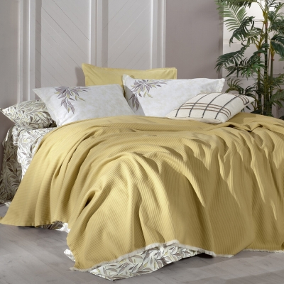 Sarev Adrian Sarı Bej Çift Kişilik %100 Pamuk Pike Takımı