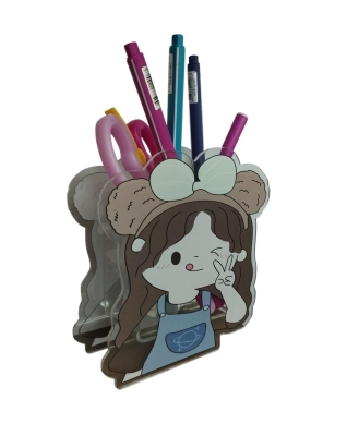 Sevimli Kız Şeklinde Şeffaf Plastik Masaüstü Kalemlik Kalem Kutusu